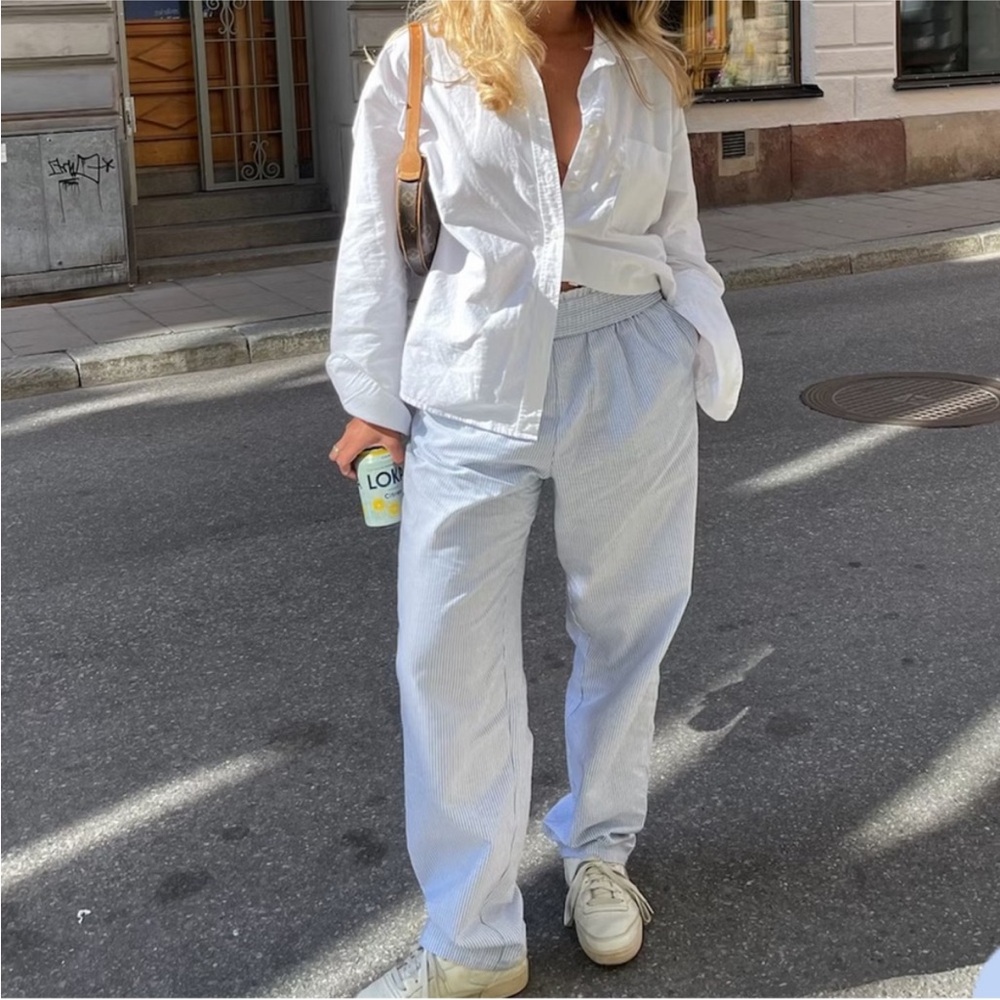 Djerf Avenue White and Light Blue Striped Trousers